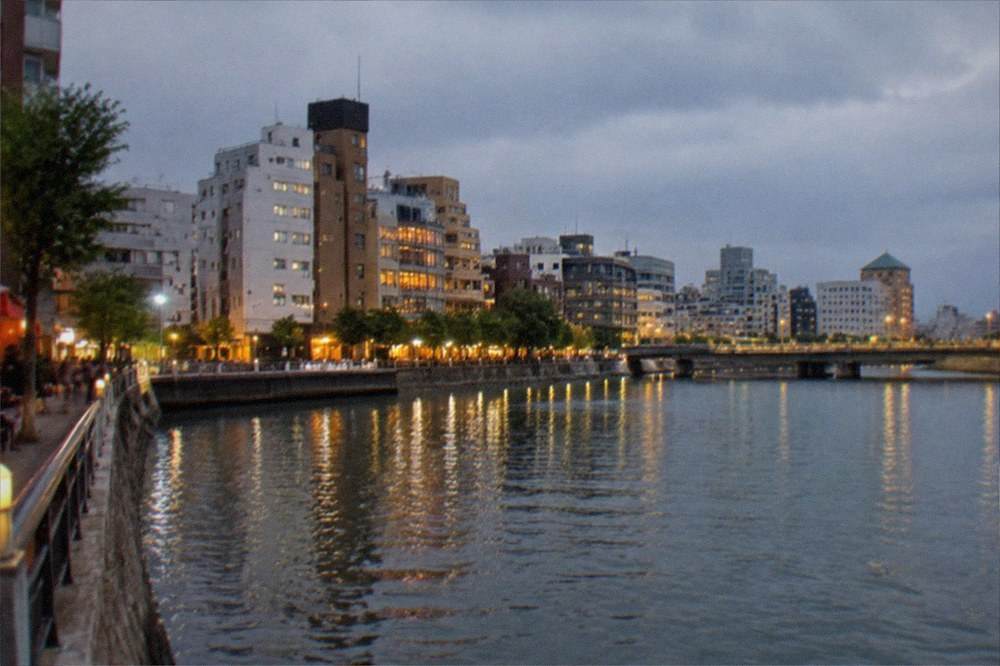 A night view across a river toward illuminated city buildings and a bridge