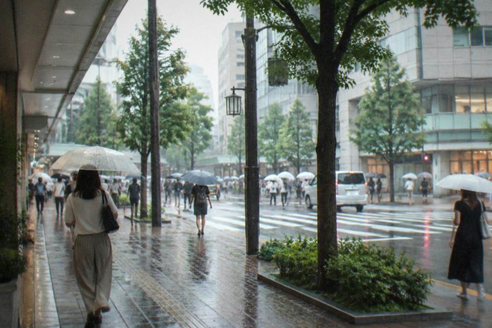 Heavy rain falling on a shopping street in Tenjin with pedestrians under umbrellas