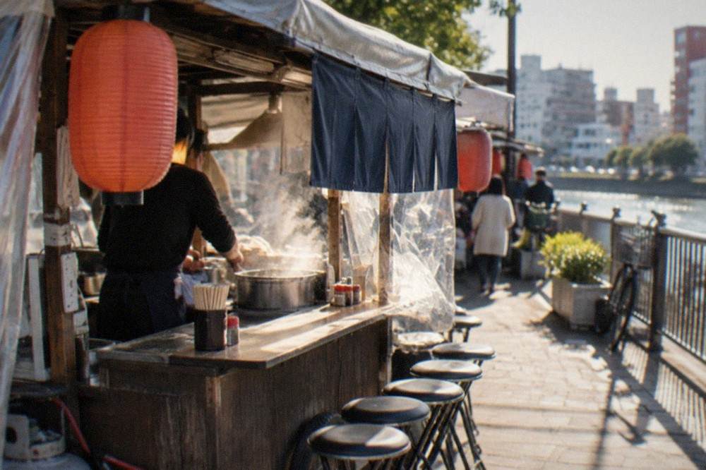 A cook working at a small food stall counter with steam rising from a pot