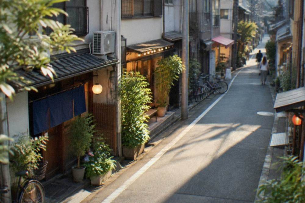 Evening street in the Daimyo district with warm light from small bars and shops