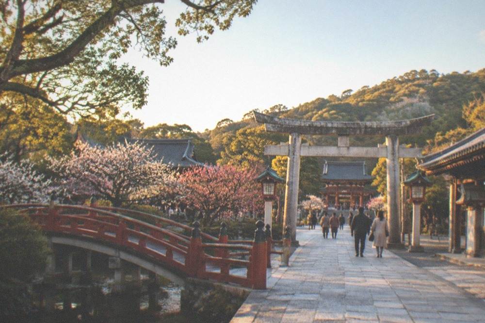 Torii gate and stone approach at Dazaifu Tenmangu with the hillside shrine beyond