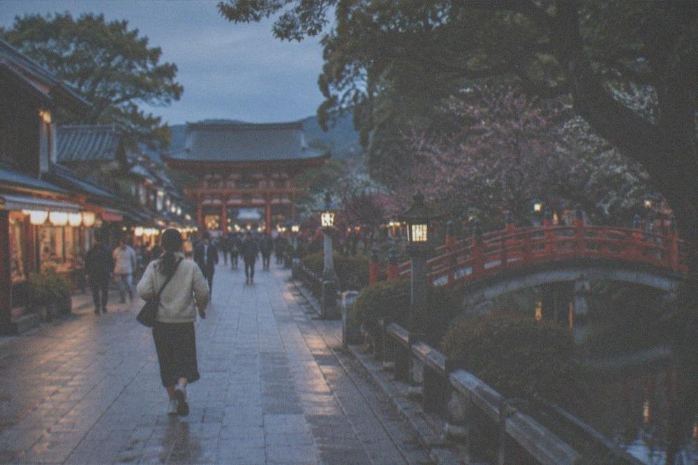 Dazaifu Tenmangu approach street with traditional shopfronts and the shrine gate beyond