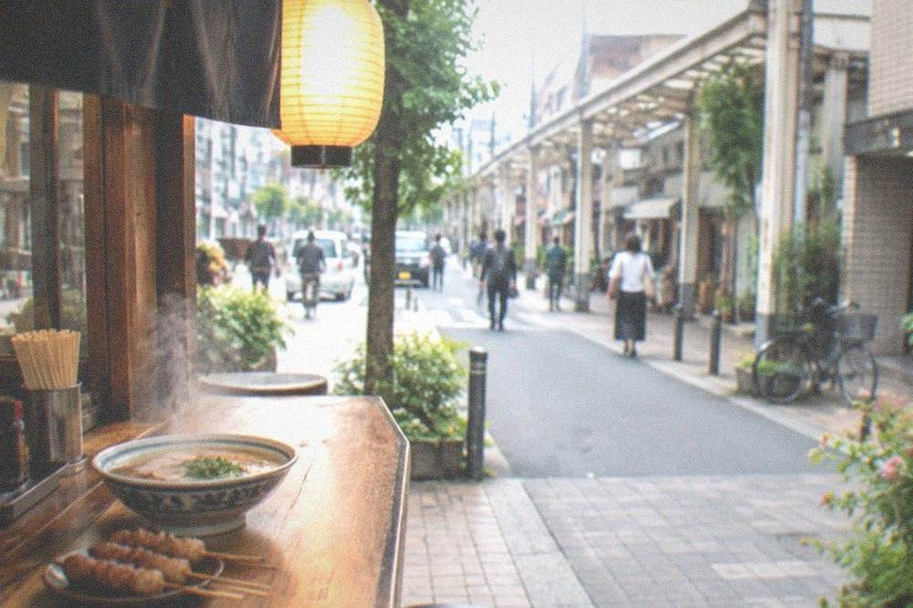 A steaming bowl of noodles and skewers on a wooden stall counter under a lantern
