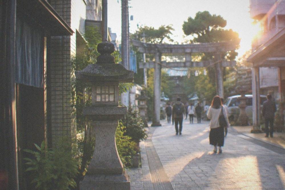 The approach to a Shinto shrine with stone lanterns and a torii gate