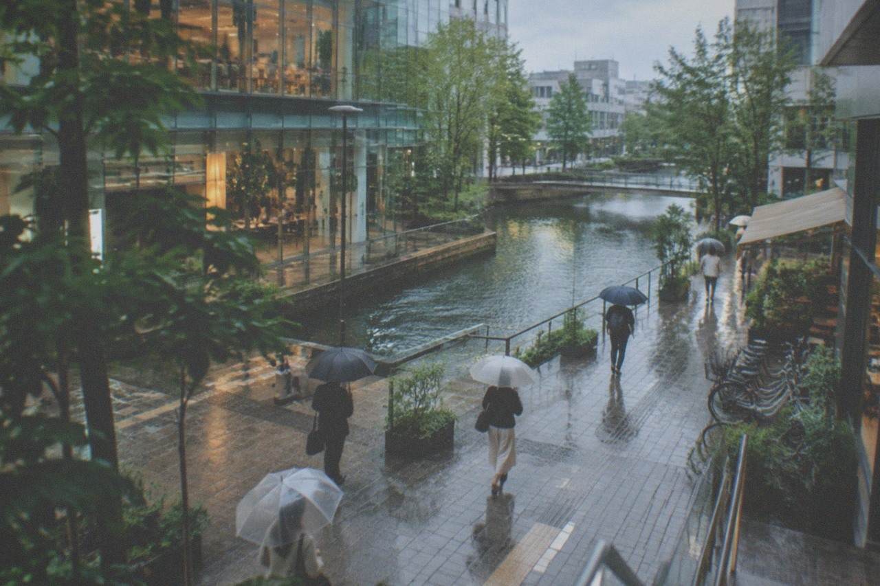 Rain-slicked pavement in front of a glass shopping complex with a canal running through the interior, umbrellas crossing the walkway
